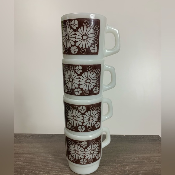 Vtg Anchor Floral Milk Glass Stackable Coffee Mugs USA Oven Proof Brown Lot Of 8 - Picture 2 of 15